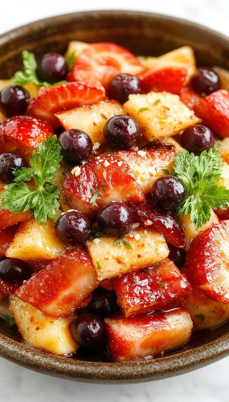 A vibrant bowl of summer fruit salad featuring colorful slices of strawberries, blueberries, kiwi, and pineapple, garnished with mint leaves on a white ceramic plate, sunlight shining on the fresh fruits highlighting their juicy textures.