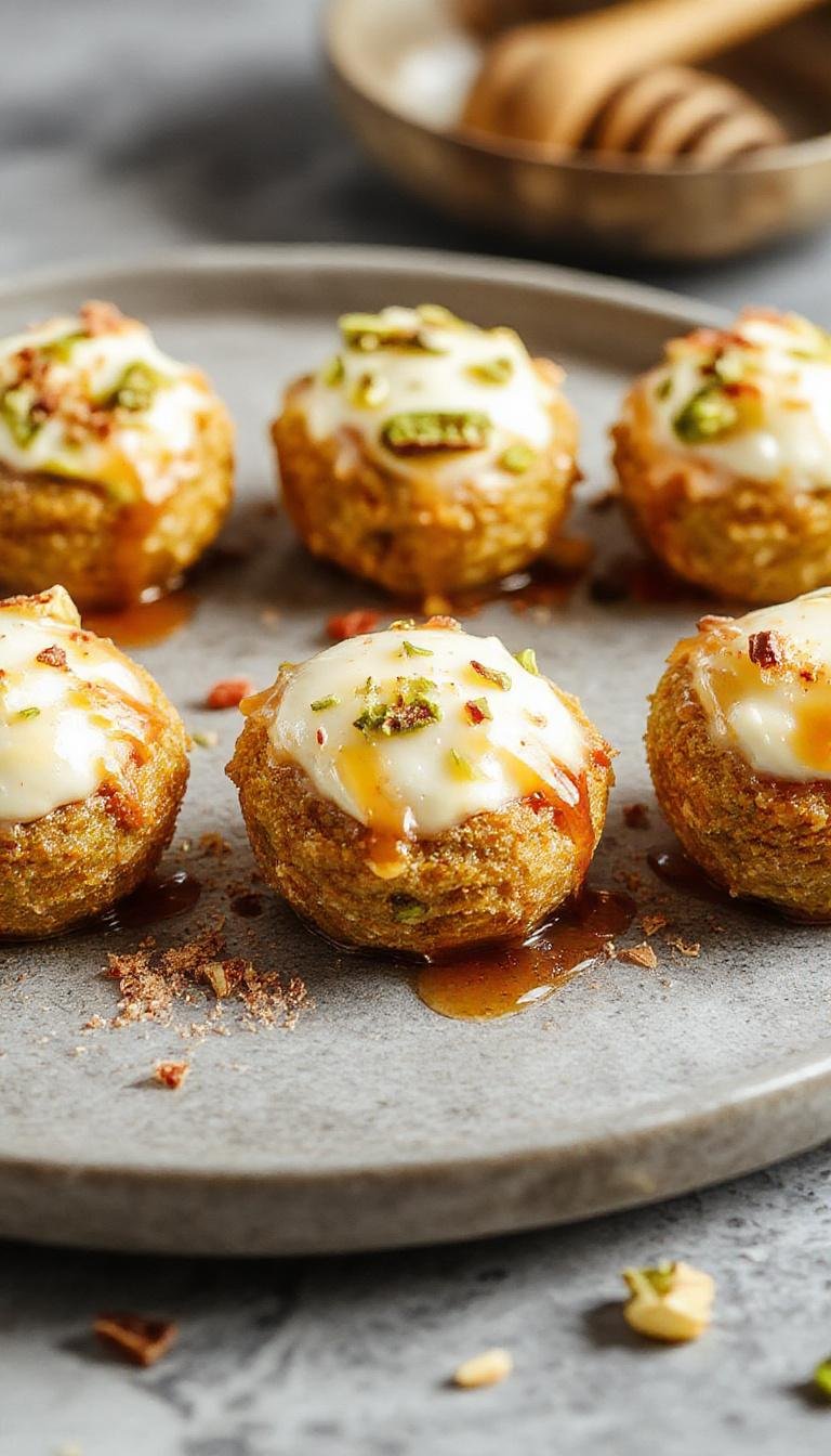 Close-up of Ricotta Pistachio Honey Bites arranged neatly on a white ceramic plate. The bites are small, round, and golden with a smooth, creamy ricotta filling visible at the edges, topped with finely chopped pistachios and a drizzle of honey. The background includes a blurred jar of honey and scattered pistachio pieces, highlighting the rich textures and vibrant colors of the dessert.