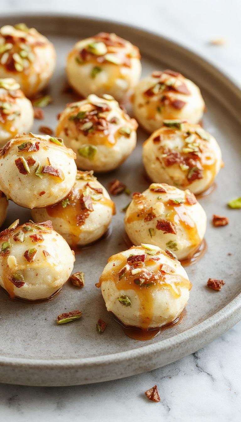 Close-up of golden-brown ricotta pistachio honey bites arranged on a white ceramic plate. The bites are topped with crushed pistachios and a drizzle of honey, showing their creamy interior and crunchy topping. The background features a rustic wooden surface with a few whole pistachios and a honey dipper nearby, emphasizing the nutty and sweet presentation.
