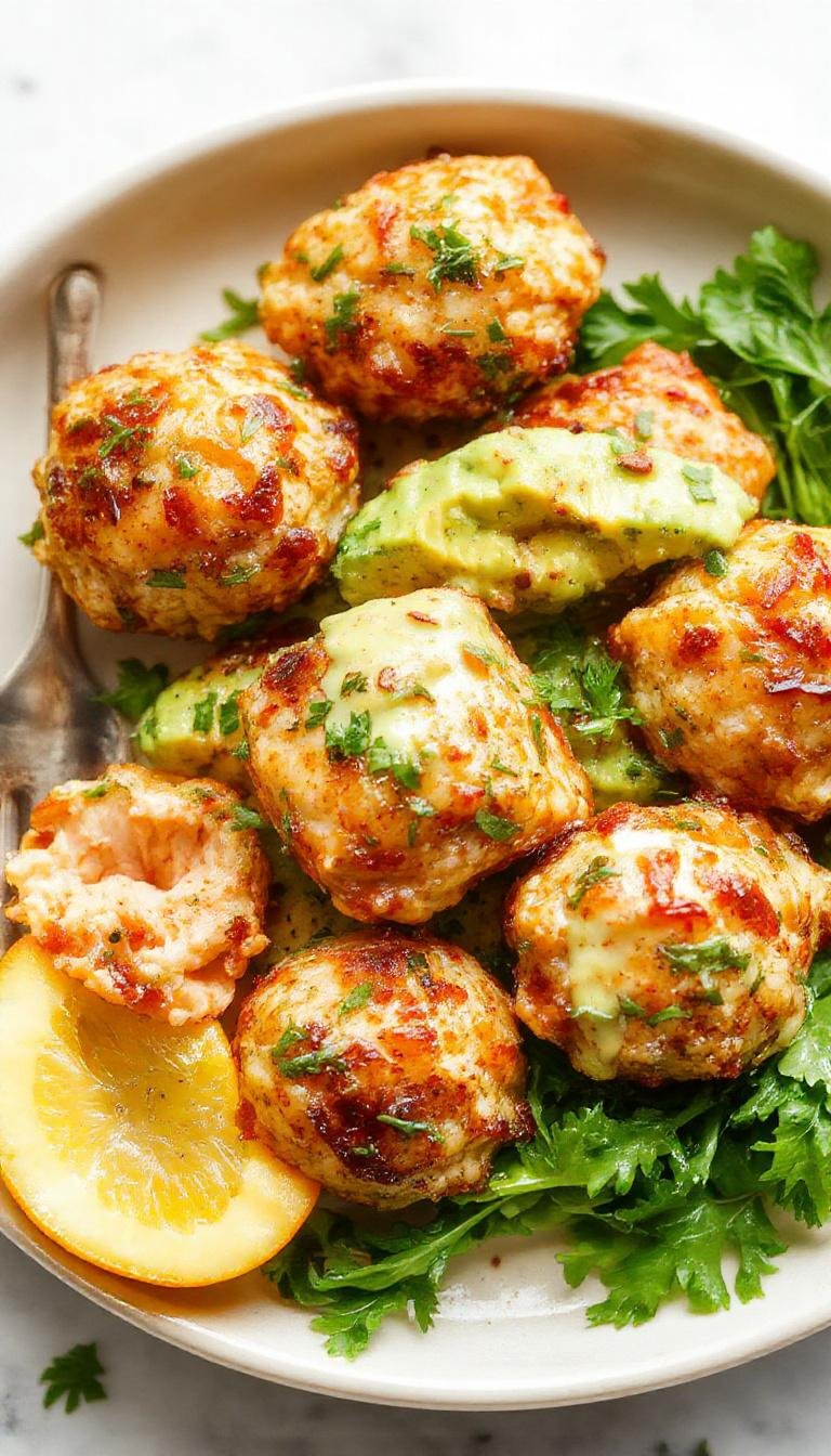 A close-up of golden-brown salmon balls arranged neatly on a white platter, accompanied by a vibrant green avocado sauce drizzled over or served on the side, garnished with fresh herbs. The texture of the salmon balls appears crispy on the outside with a tender interior, contrasted by the smooth, creamy avocado sauce and splash of color from the herbs.