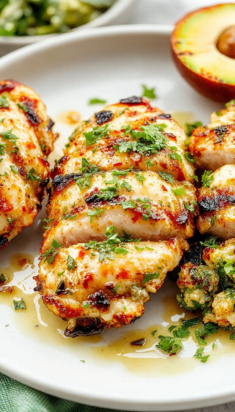 A beautifully grilled chicken breast topped with vibrant green salsa verde, melting pepper Jack cheese, served on a rustic wooden plate with fresh cilantro and lime wedges, accompanied by a side of grilled vegetables. The chicken has a juicy, charred exterior and the melted cheese creates a gooey layer, contrasting with the bright salsa verde and colorful garnishes.