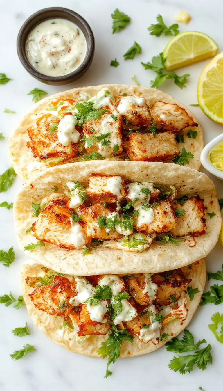 A close-up of a white plate holding three crispy, golden-brown chicken pitas stuffed with vibrant, fresh green herb ranch slaw. The pitas are sliced open, revealing the colorful slaw spilling out, with visible herbs and creamy dressing. The dish is garnished with fresh herbs, and the background features a rustic wooden table with additional ingredients like herbs and a small bowl of ranch dressing.