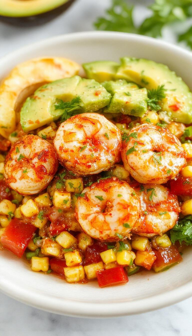 A vibrant shrimp and avocado bowl featuring plump cooked shrimp atop sliced ripe avocados, accompanied by a colorful corn salsa with diced tomatoes, red onions, and herbs, all arranged on a white ceramic plate with fresh lime wedges on the side, garnished with cilantro sprigs.