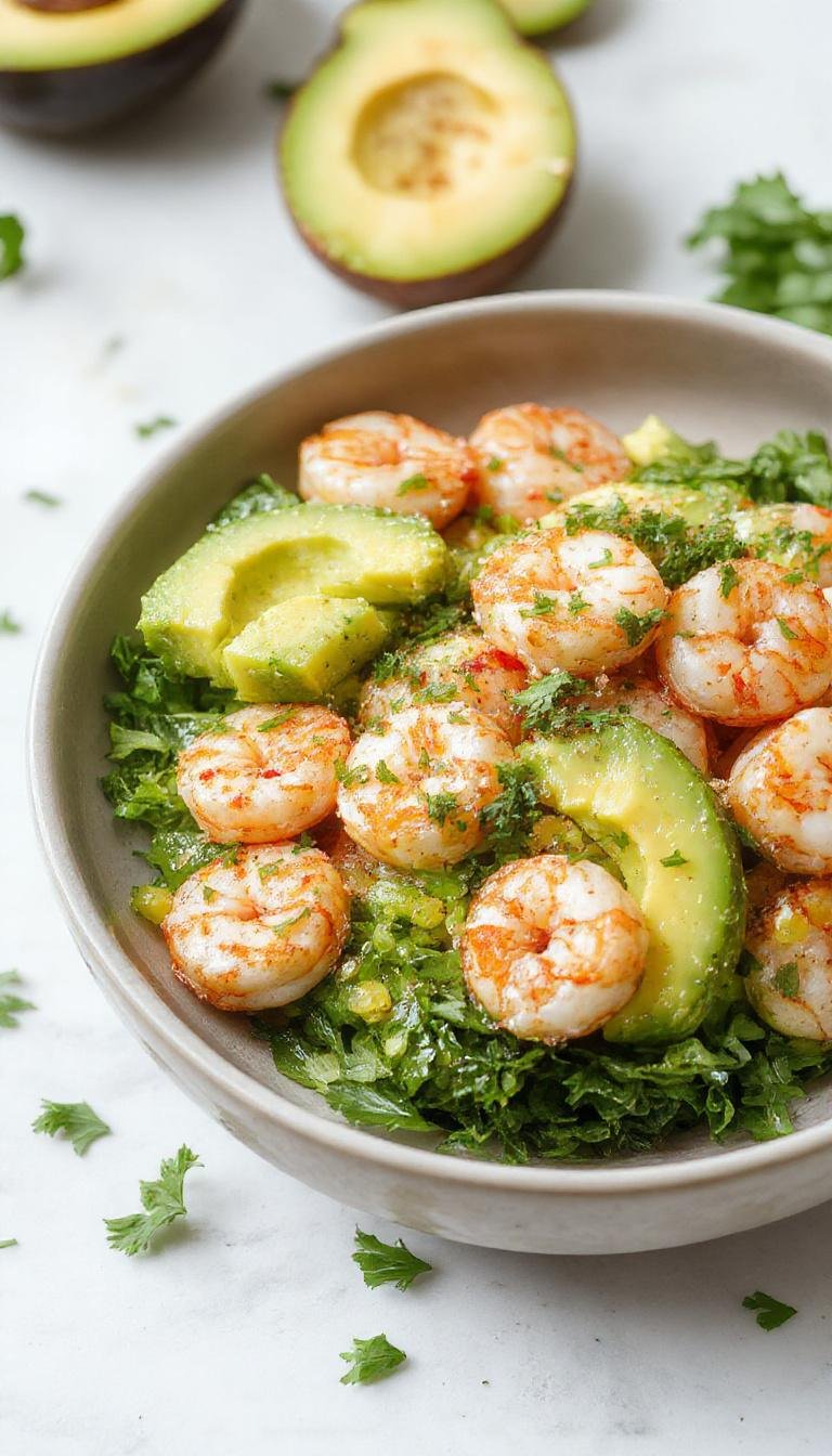 A vibrant bowl featuring plump, pink shrimp nestled among creamy avocado slices, topped with bright orange mango salsa. The bowl is garnished with fresh cilantro and served on a rustic wooden table, showcasing a colorful and appetizing presentation.