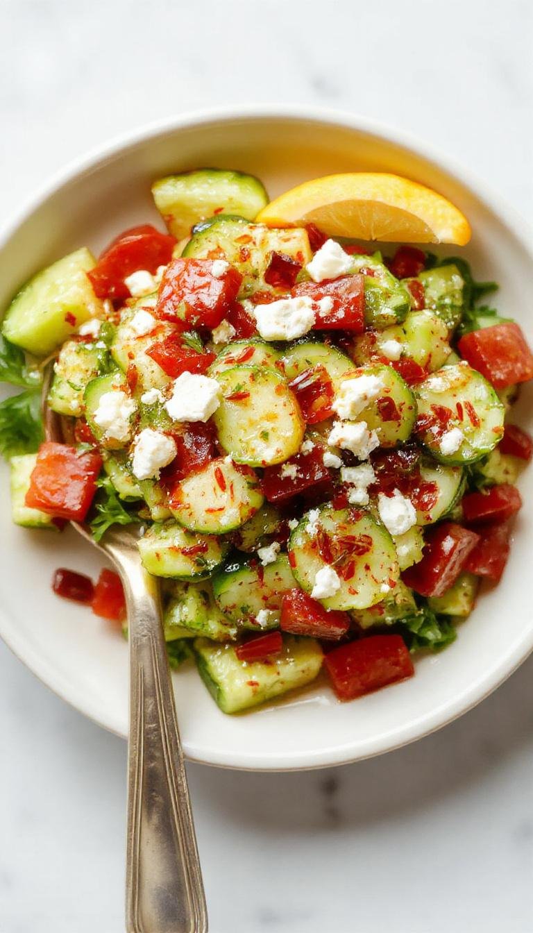 A vibrant bowl of smashed cucumber salad with crumbled feta cheese on top. The cucumbers are visibly smashed, giving a rustic texture, garnished with fresh herbs and a light drizzle of dressing. The colors are fresh and bright, with green cucumbers, white feta, and herbs adding a pop of color. The presentation is casual yet appealing, perfect for a quick and refreshing side dish.