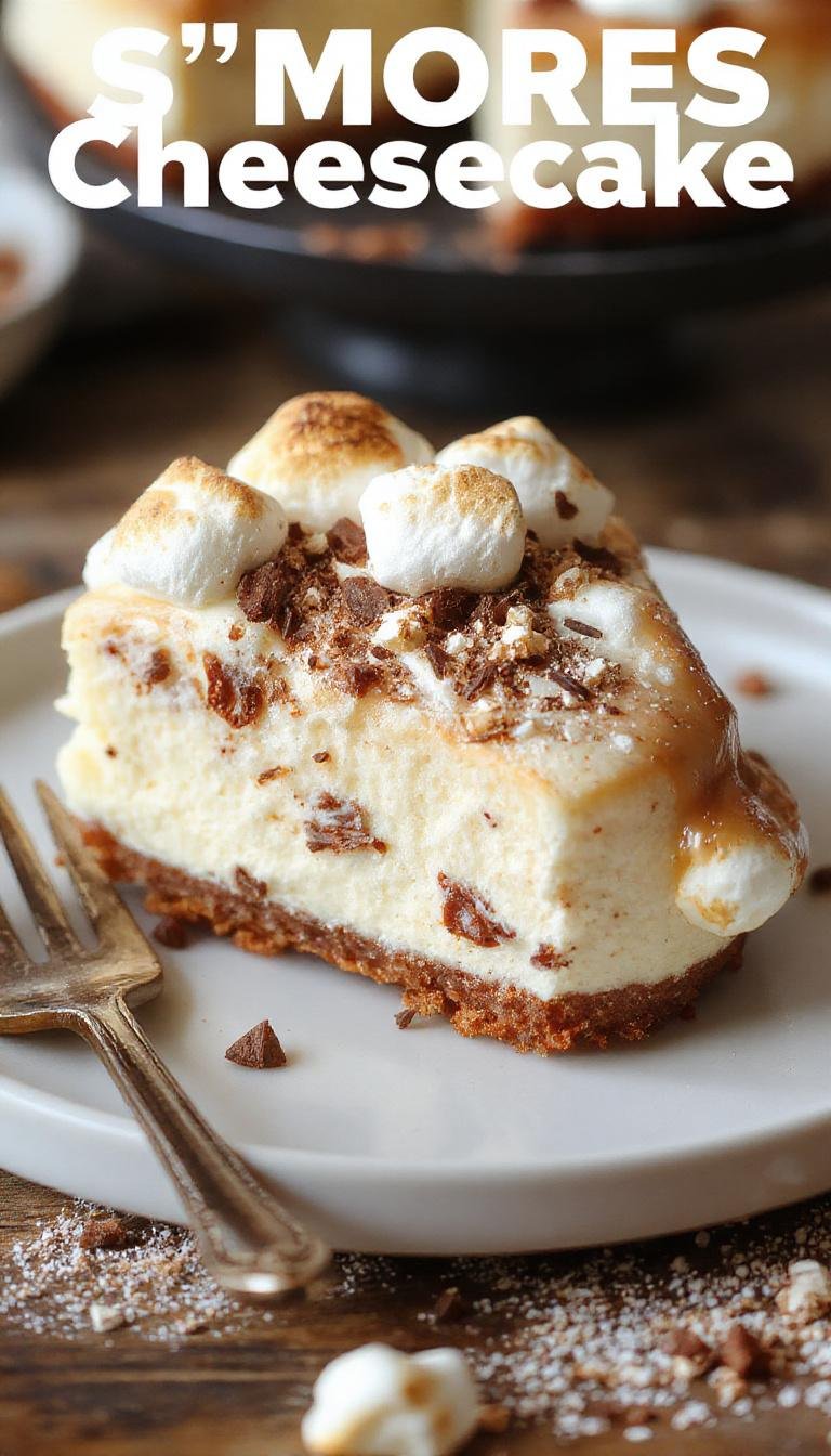 A slices of rich, creamy s'mores cheesecake topped with melted chocolate, toasted marshmallows, and graham cracker crust visible on a rustic wooden platter