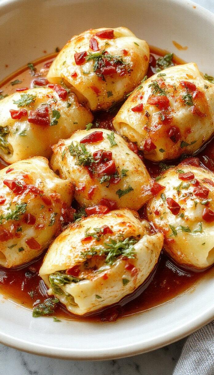 A close-up of a white plate filled with large, baked pasta shells generously stuffed with vibrant green spinach and creamy white ricotta cheese, garnished with a sprinkle of grated Parmesan and a few fresh basil leaves. The shells are arranged artfully on the plate, showcasing their filling and golden-brown edges, set against a rustic wooden table with a drizzle of marinara sauce around them.