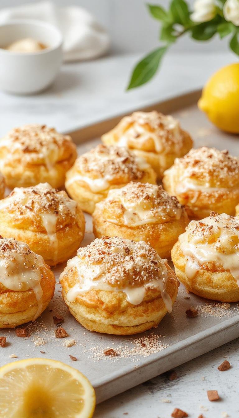 A cluster of golden-brown cream puffs filled with vibrant yellow lemon filling, topped with a light dusting of powdered sugar, arranged on a rustic white plate with a sprig of fresh mint for garnish. The background features a soft-focus pastel backdrop, emphasizing the bright, fresh appearance of the dessert.