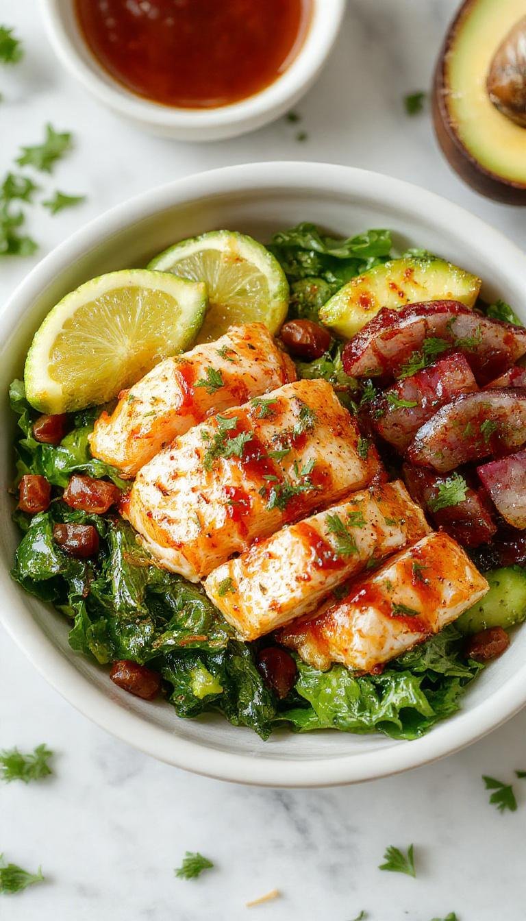 A vibrant salmon bowl featuring a perfectly cooked, flaky salmon fillet glazed with glossy honey sriracha sauce, topped with thinly sliced green onions and sesame seeds. The bowl is filled with colorful ingredients like avocado slices, cherry tomatoes, and jasmine rice, creating a visually appealing, fresh, and inviting presentation with a mix of bright reds, greens, and whites.