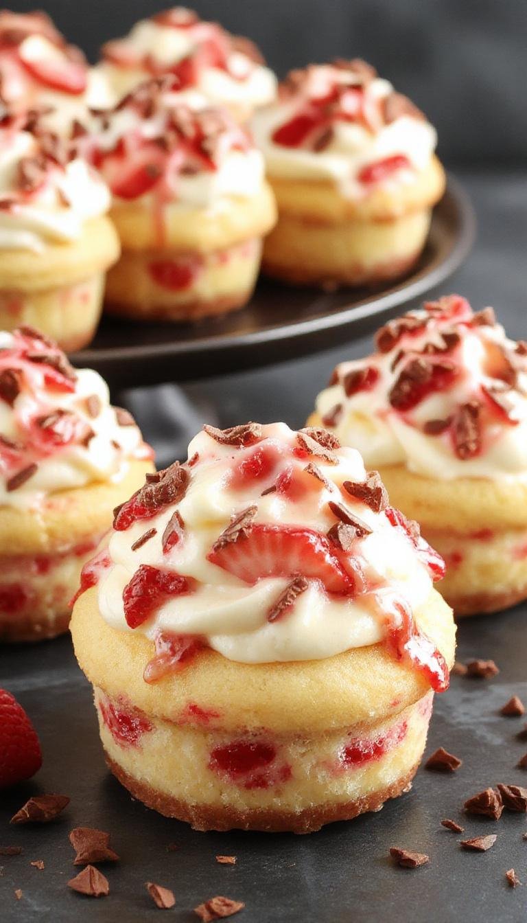 A cluster of three strawberry cheesecake cupcakes topped with swirls of pink strawberry frosting and garnished with fresh strawberry slices and a sprig of mint on a white plate, with a blurred background of a rustic wooden table and scattered crumbs.