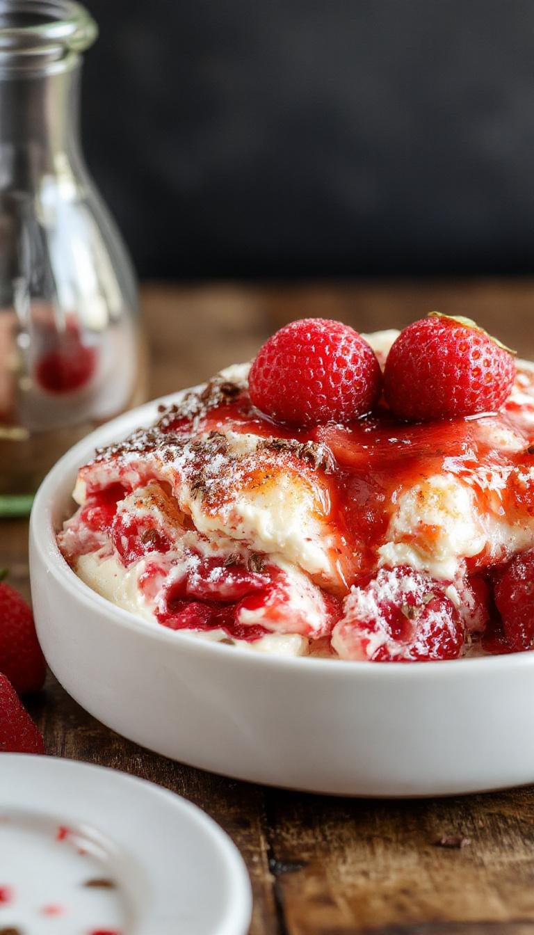 A close-up of a freshly baked strawberry cheesecake dump cake presented in a rustic white serving dish. The cake features a golden-brown top with vibrant red strawberry chunks peeking through, topped with a dusting of powdered sugar and a sprig of fresh mint. The dessert has a crumbly, moist texture, with a glossy fruit filling visible around the edges, inviting a sense of warmth and indulgence.