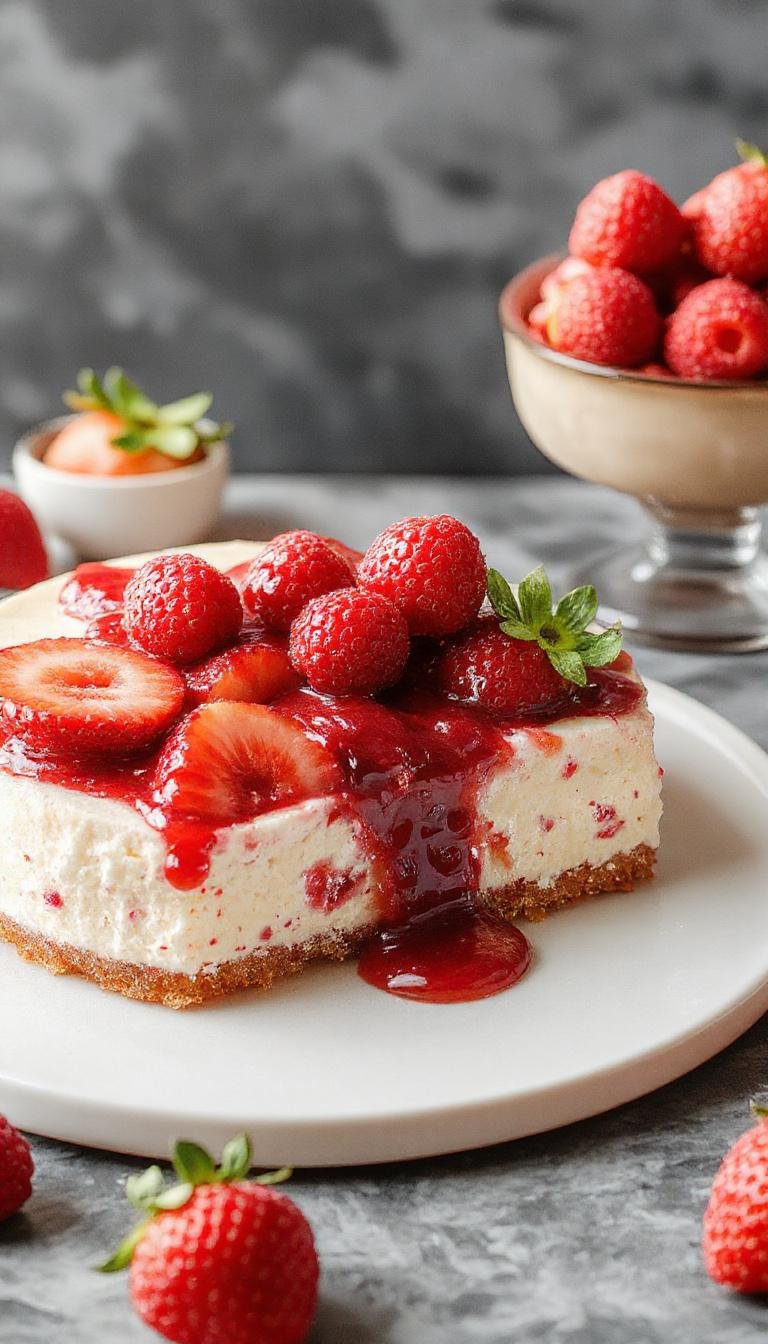 A luscious slice of strawberry cheesecake on a white plate, topped with fresh strawberry halves and a drizzle of berry glaze. The creamy, pale pink filling contrasts with the vibrant red berries and a graham cracker crust visible at the base. The background features a rustic wooden surface with a few whole strawberries and a mint sprig for garnish.