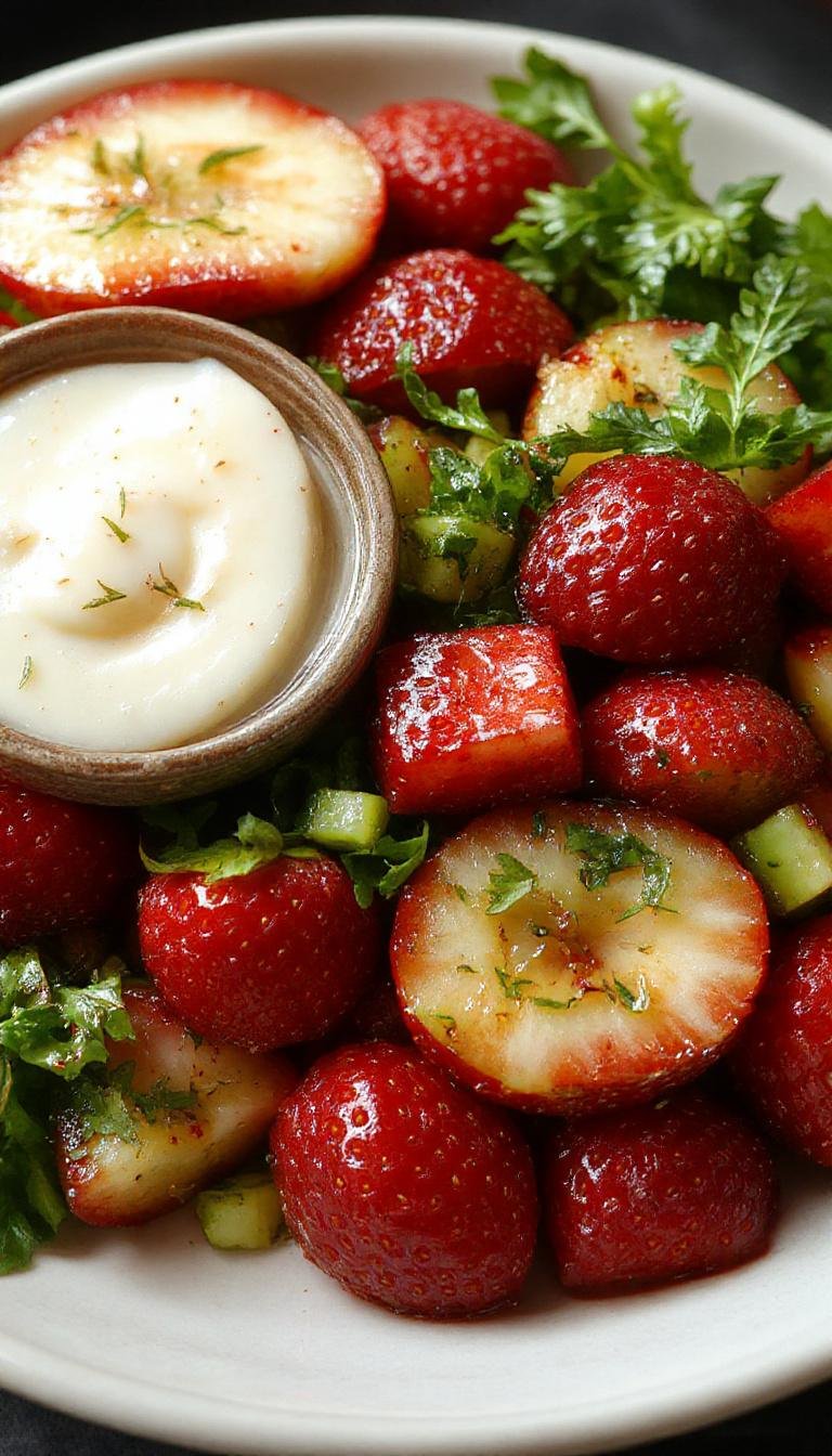 A vibrant bowl of strawberry cucumber salad featuring fresh red strawberries, crisp green cucumber slices, garnished with mint leaves, presented in a clear glass bowl on a white surface, with a light drizzle of dressing visible and a bright, summery background.