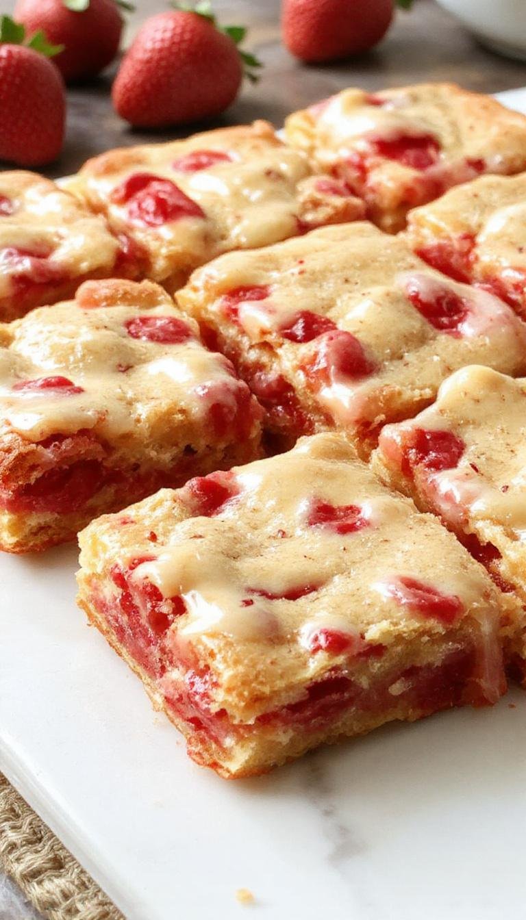 A close-up image of rectangular strawberry lemon blondies arranged on a rustic wooden platter. The blondies have a golden-brown crust with visible streaks of red strawberry pieces and yellow lemon zest swirled throughout. Their texture appears moist and slightly gooey, with a glossy finish on top. Fresh strawberry slices and lemon zest garnishes are artfully placed around the bars, enhancing the vibrant colors. The background features a soft-focus, light-colored cloth, emphasizing the inviting and homemade feel of the dessert.