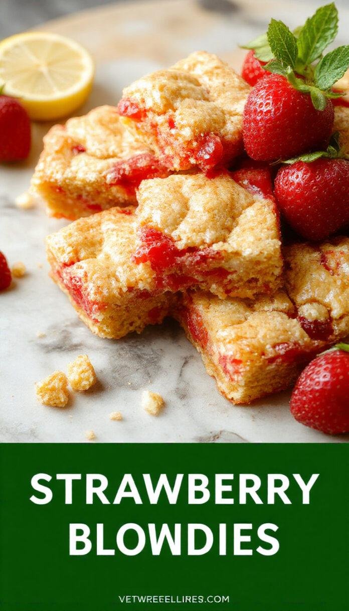 A close-up of strawberry lemon blondies cut into rectangular bars, showcasing a golden-brown crust topped with fresh sliced strawberries and a drizzle of lemon glaze. The bars are arranged neatly on a rustic white plate with a few strawberry halves and lemon zest scattered around, emphasizing their vibrant colors and appealing textures.