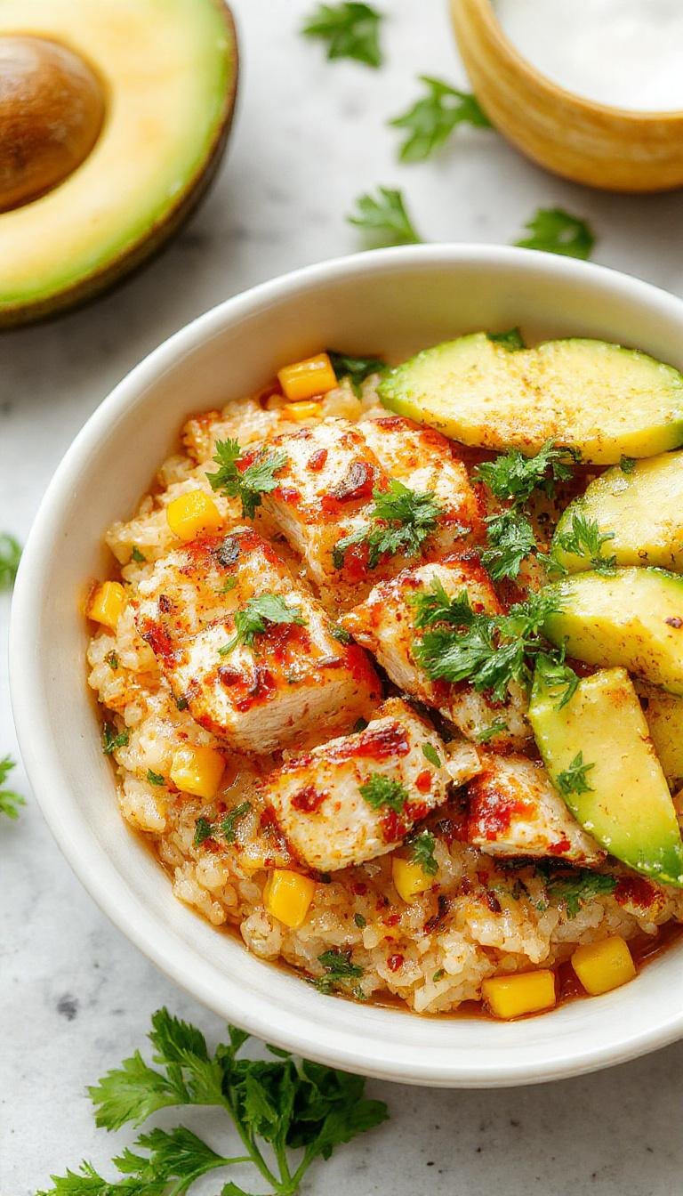 A vibrant street corn chicken rice bowl featuring grilled chicken strips, creamy charred corn kernels, fresh cilantro, and lime wedges arranged on a rustic plate. The bowl showcases colorful ingredients with a mix of textures — tender chicken, crunchy corn, and fluffy rice topped with a sprinkle of spices and chopped herbs, all garnished with a lemon wedge for added freshness.