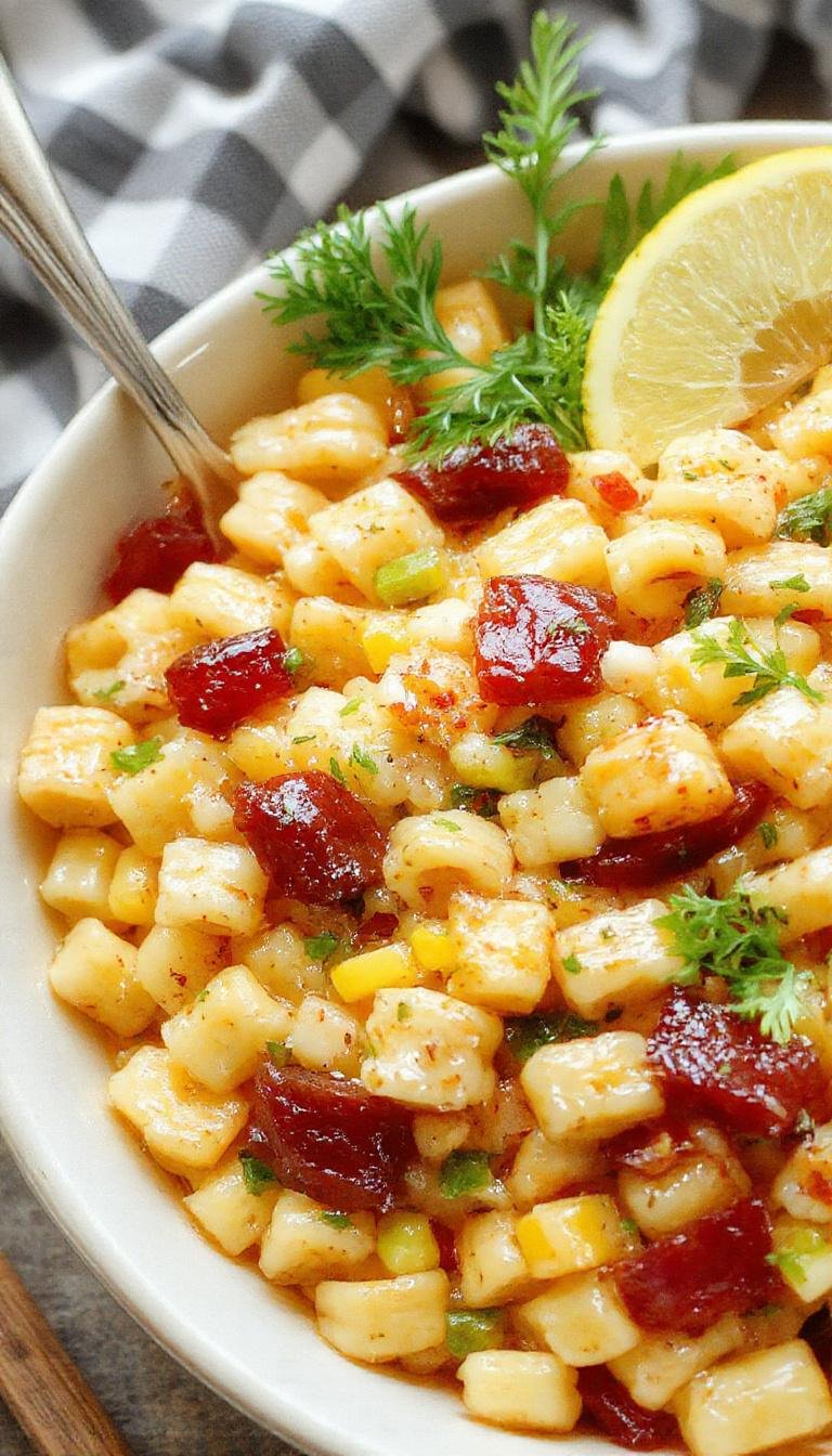 A vibrant bowl of street corn pasta salad featuring spiral pasta coated in a creamy yellow sauce, topped with freshly chopped cilantro, crumbled cheese, and charred corn kernels. The colorful ingredients create an appealing contrast, with garnishes neatly arranged on top, emphasizing freshness and texture.