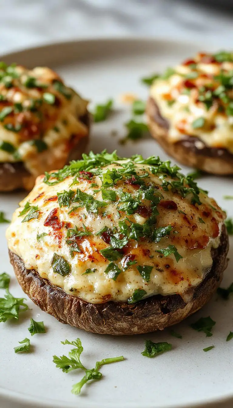 A close-up of two large, meaty portobello mushrooms stuffed with a colorful mixture of chopped vegetables and herbs, topped with melted cheese. The mushrooms are arranged on a rustic wooden plate with a drizzle of olive oil and fresh parsley garnish, showcasing their rich brown caps and vibrant stuffing, with a blurred kitchen background.