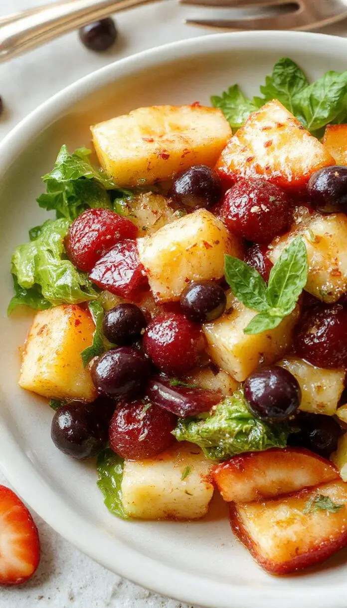 A vibrant bowl of summer fruit salad featuring colorful slices of watermelon, kiwi, strawberries, blueberries, and pineapple, garnished with mint leaves, arranged on a rustic white plate with a wooden background, fresh and inviting with a glossy glaze on the fruit pieces.