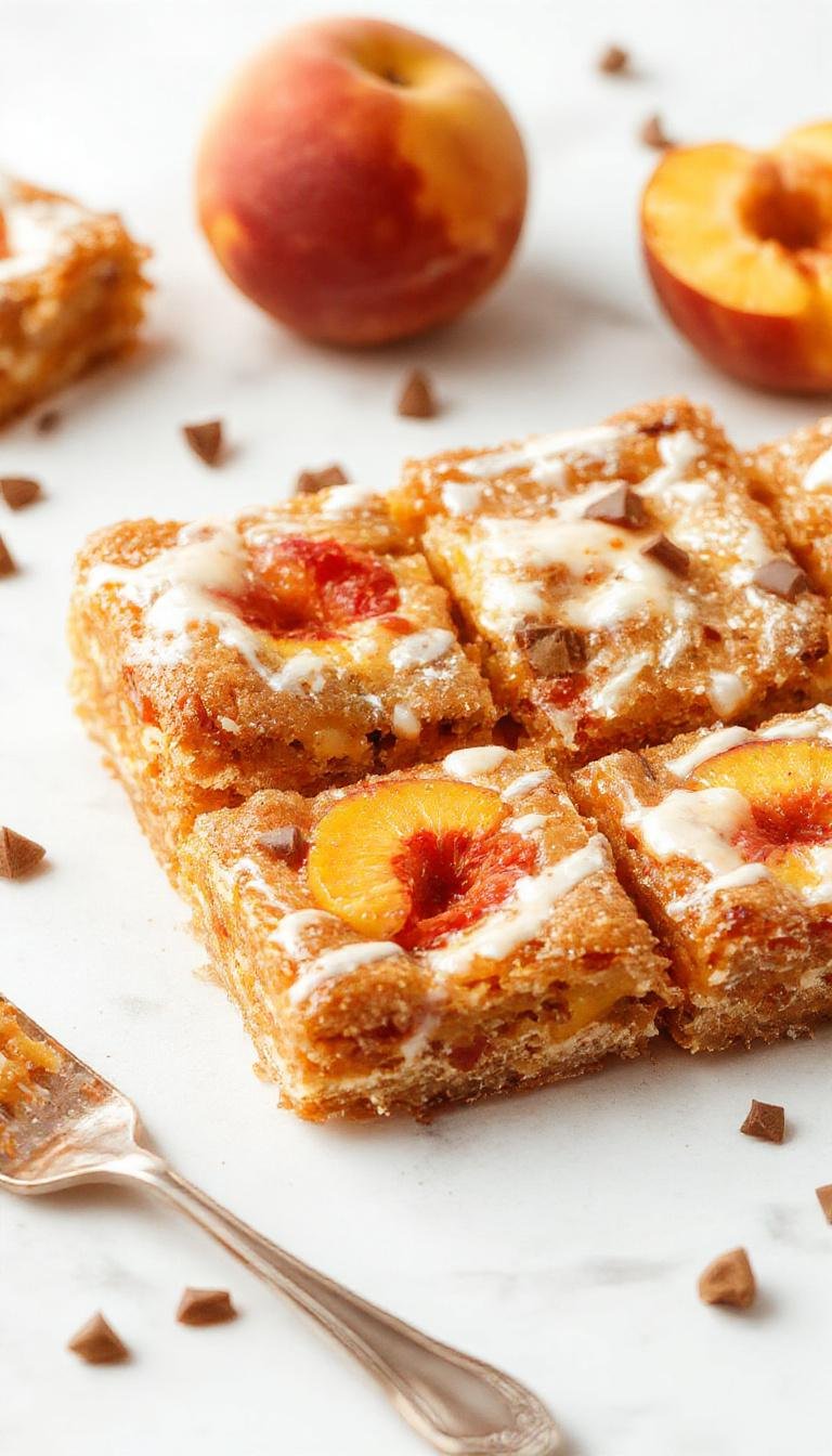 A close-up of a sliced summer peach bar showcasing a golden-brown crust, juicy peach filling, drizzled with a glaze, garnished with a mint leaf on a rustic wooden plate.