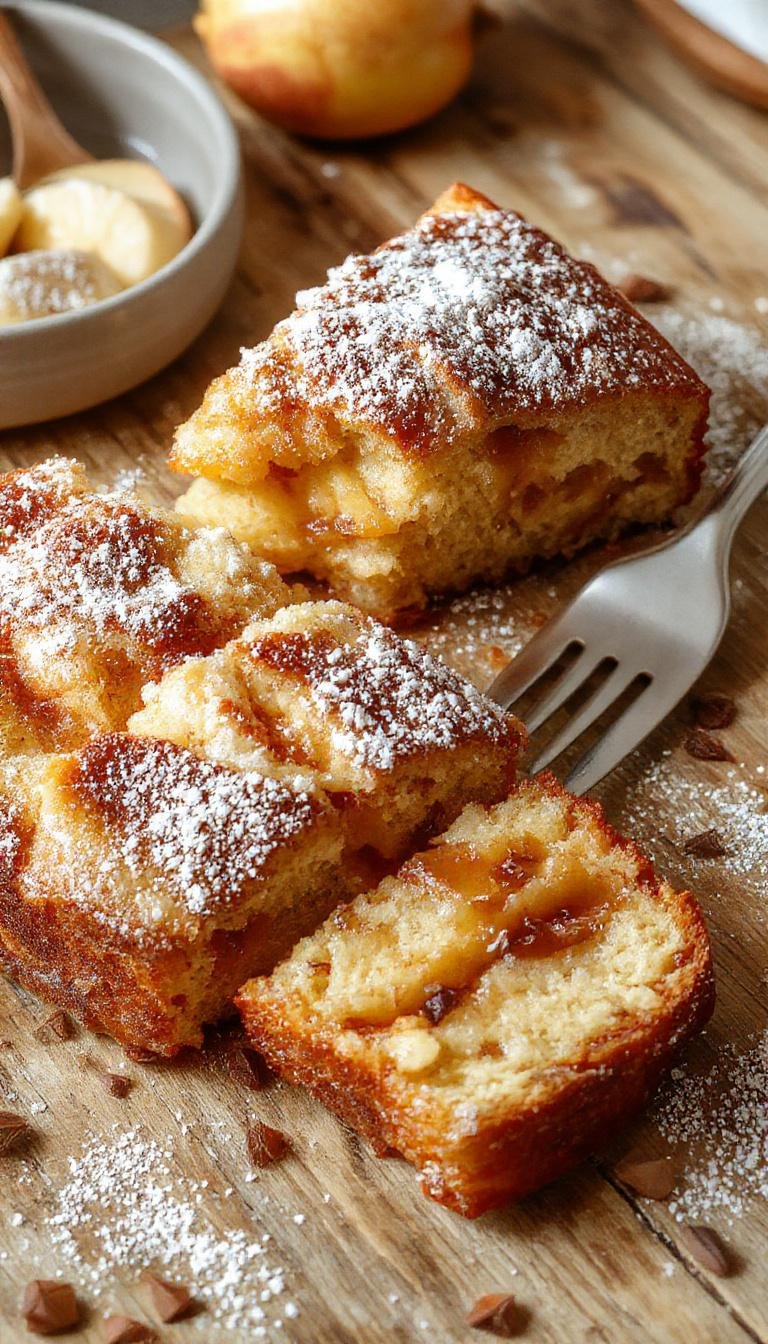 A golden-brown Swedish apple cake sliced open to reveal tender apple chunks and a moist crumb, topped with a dusting of powdered sugar, and served on a rustic ceramic plate with a fork beside it, set against a cozy autumn-themed background.