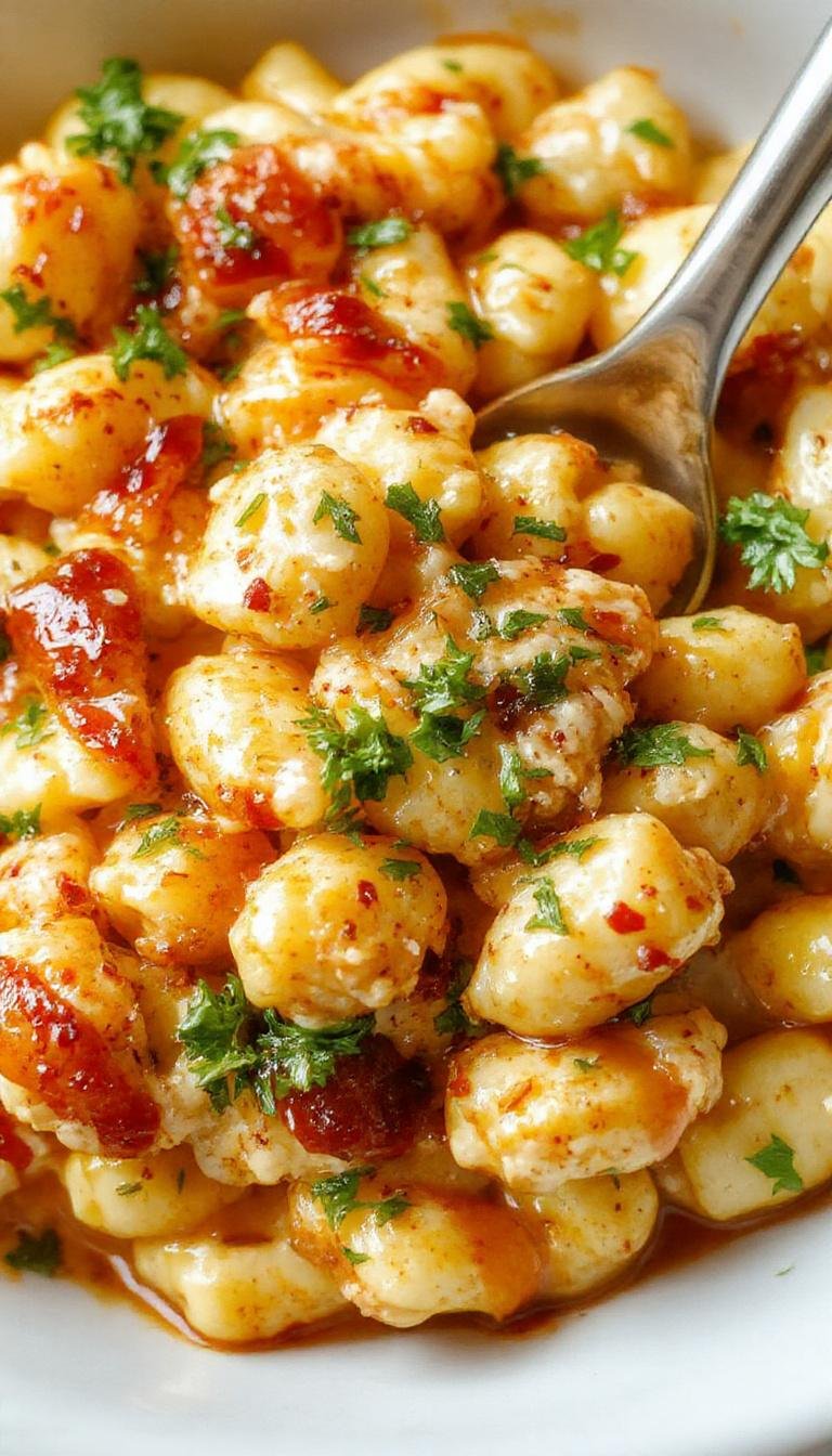 A close-up of a vibrant bowl of mac and cheese topped with crispy chicken pieces glazed with a glossy honey pepper sauce, garnished with chopped green onions and red pepper flakes, showcasing a rich, creamy texture with a hint of spice and sweetness.