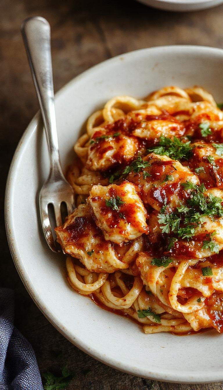 A bowl of honey pepper chicken pasta featuring tender pasta coated in a glossy sauce, topped with sliced grilled chicken, colorful bell peppers, and sprinkled with fresh herbs. The dish is vibrant, with red and yellow peppers adding a pop of color, and the sauce has a slightly thick, glossy appearance that highlights its sweet and spicy glaze.