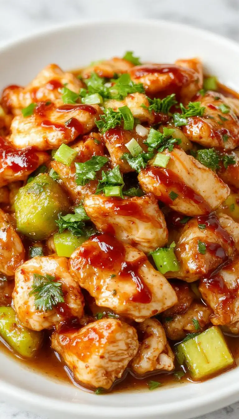 A vibrant stir-fry plate featuring tender slices of chicken glazed with glossy teriyaki sauce, colorful bell peppers, broccoli florets, and snap peas, all arranged on a white ceramic plate with a drizzle of sauce and sesame seeds garnished on top. The dish is set on a wooden table with chopsticks placed beside, evoking a fresh, appetizing, and homemade Asian-inspired meal.