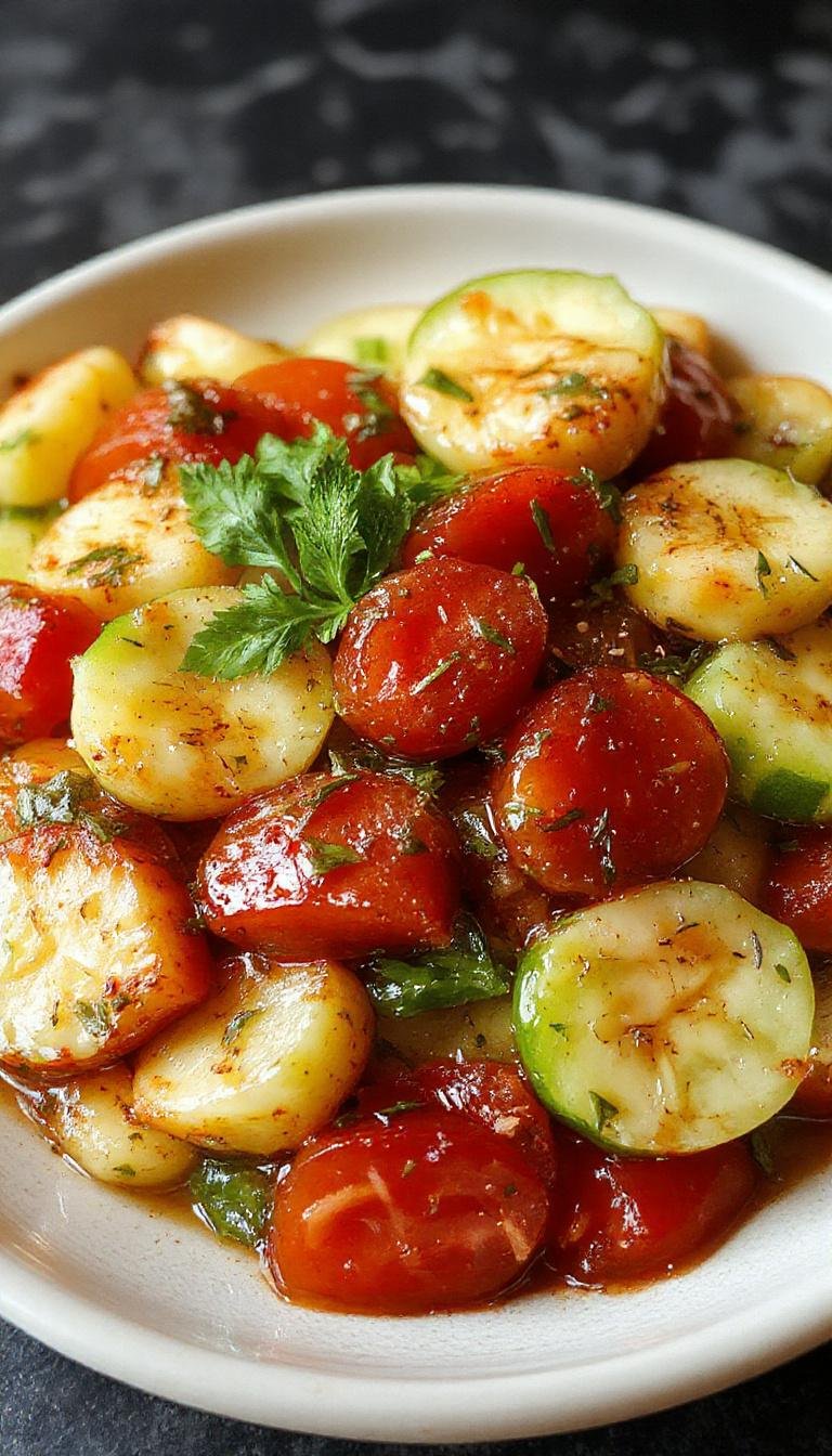 A colorful tomato cucumber salad served in a clear glass bowl. Vibrant red tomato slices and crisp cucumber chunks are garnished with fresh herbs, drizzled with a light vinaigrette, and presented on a rustic wooden table with a scattering of herbs nearby.