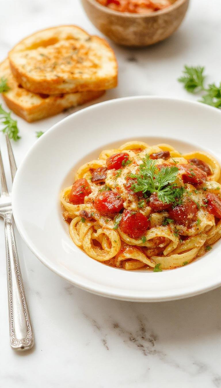 A close-up of a bowl of vibrant red tomato pasta garnished with fresh basil leaves and grated cheese, with steam rising subtly. The pasta is coated in a glossy tomato sauce, nestled on a rustic wooden table.