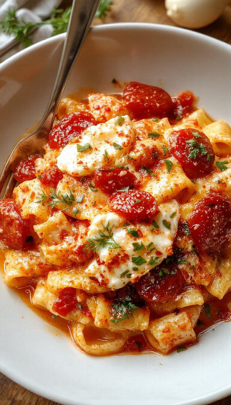 A bowl of creamy tomato ricotta pasta topped with fresh basil leaves. The pasta is coated in a rich, orange-red sauce with visible chunks of tomatoes and dollops of ricotta cheese. The dish is plated on a rustic white plate, garnished with a sprinkle of black pepper and a drizzle of olive oil, presented on a wooden table with a sprig of basil nearby.
