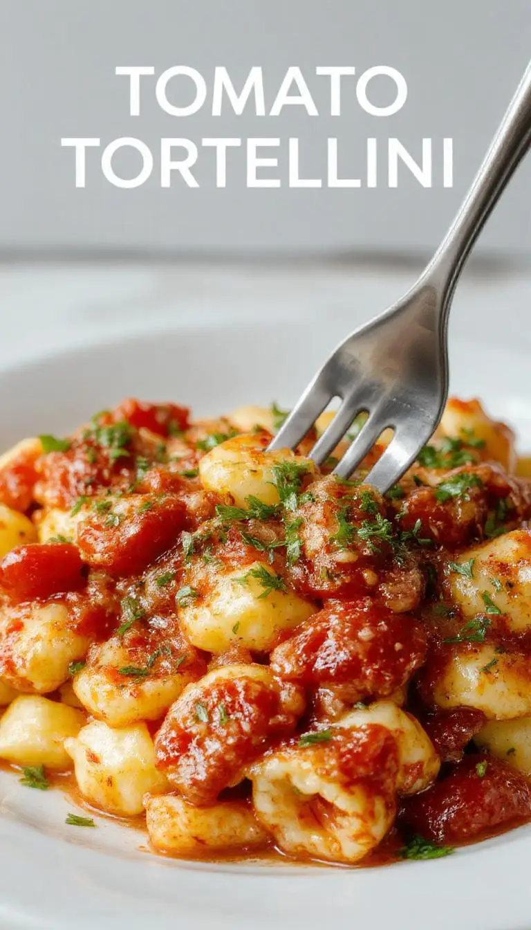 A bowl of tomato tortellini pasta garnished with fresh basil, showcasing plump tortellini coated in a vibrant red tomato sauce. The dish is presented in a rustic white bowl on a wooden surface with a drizzle of cream and sprigs of basil around it, highlighting the creamy and colorful nature of the dish.
