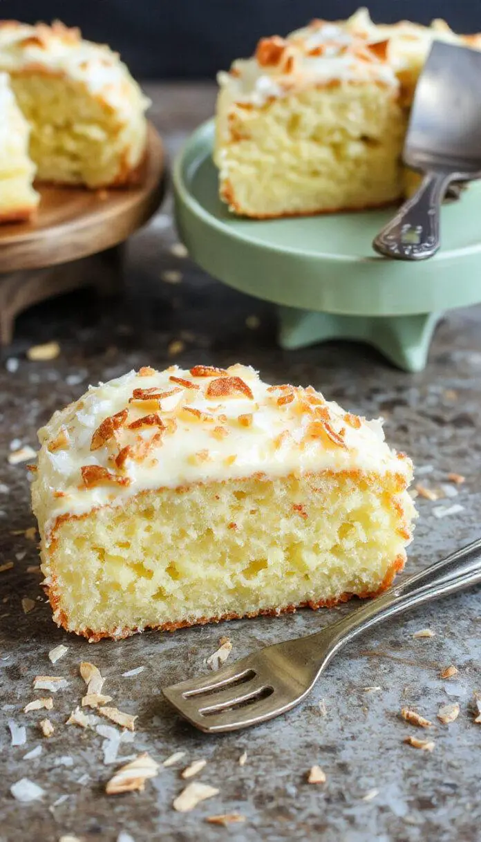 A sliced tropical pandan coconut cake on a white plate, revealing layers of vibrant green pandan-flavored sponge filled with creamy coconut frosting. The cake is garnished with shredded coconut and a sprig of fresh mint, set against a tropical-themed background with palm leaves and ripe tropical fruits. The texture looks moist and fluffy with a smooth frosting finish.
