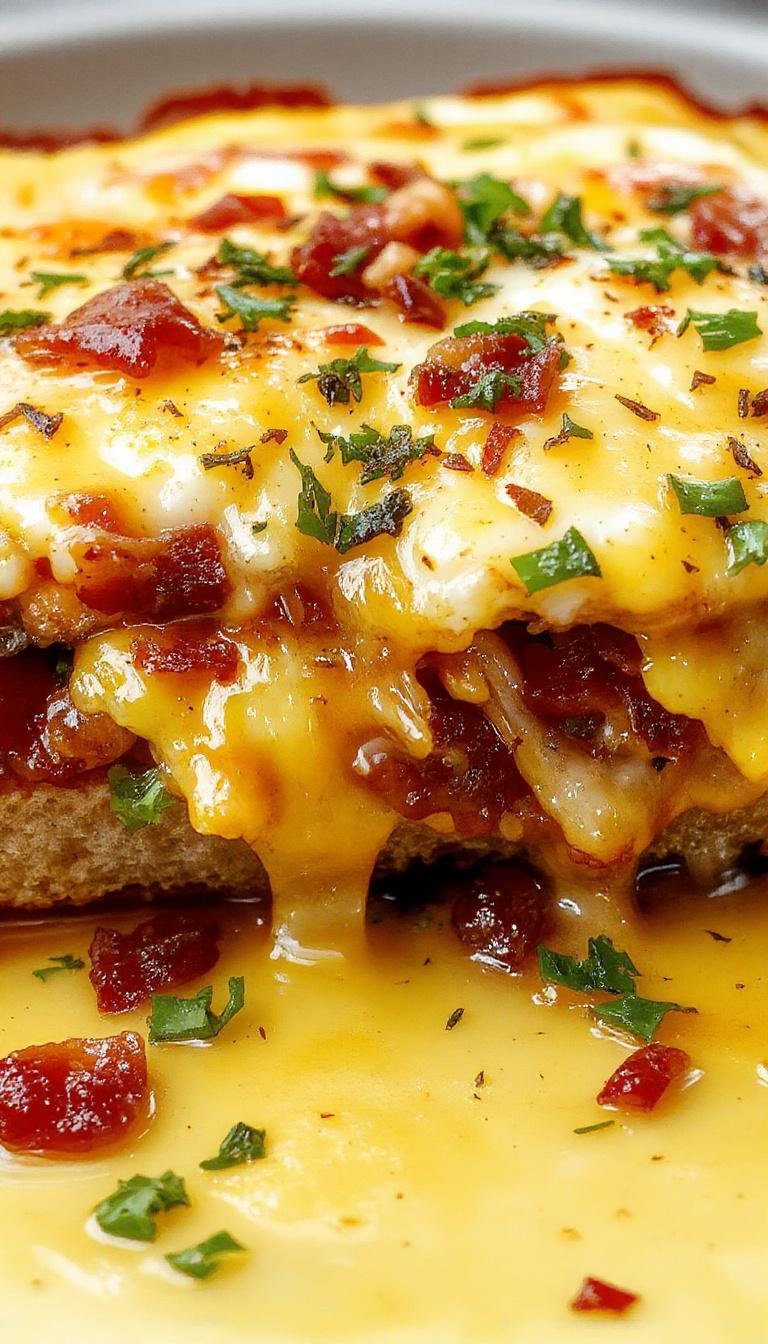A close-up of the Ultimate Cheesy Breakfast Melt featuring a golden-brown toasted bread topped with crispy bacon, melted cheese oozing over sunny-side-up eggs, garnished with fresh herbs, arranged on a rustic plate with a fork beside it.