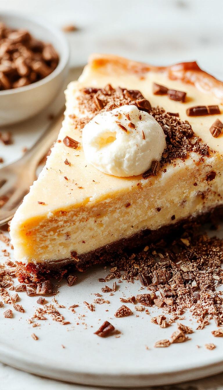 A close-up of a sliced vanilla bean brown butter cheesecake on a white plate, showing a smooth, creamy texture with visible vanilla bean seeds and a golden brown crust, garnished with a vanilla bean pod and a drizzle of caramel sauce.