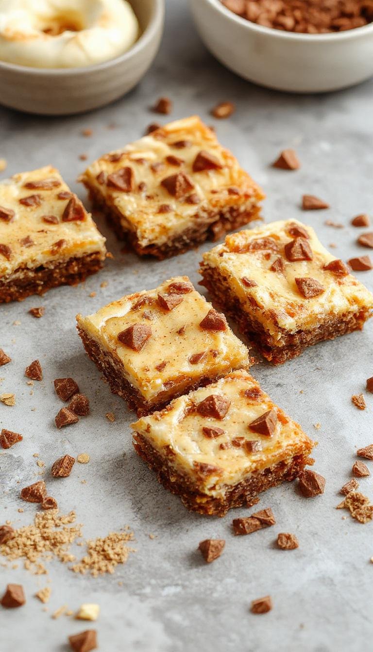 A close-up of vibrant orange vegan pumpkin cheesecake bars with a golden biscoff crust at the base. The bars are cut into neat rectangles, showing a creamy, smooth filling topped with a light dusting of cinnamon. The bars are arranged on a rustic wooden platter, with a few crumbs scattered around, highlighting their inviting texture and rich flavor.