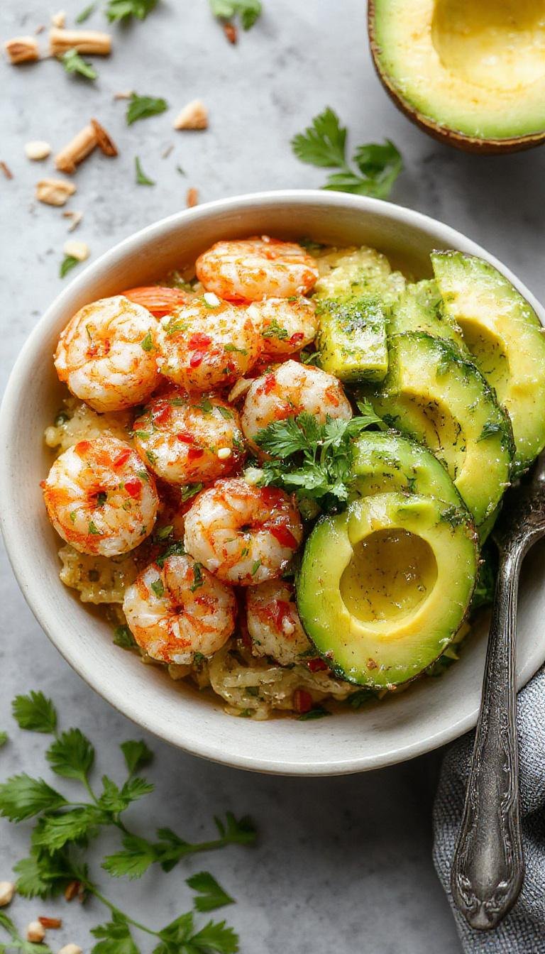 A vibrant bowl featuring succulent pink shrimp, creamy green avocado slices, and colorful mango salsa arranged artfully on a rustic white plate garnished with cilantro and lime wedges. The dish showcases a lively mix of textures and bright colors, with the salsa's orange hue contrasting beautifully against the green avocado and pink shrimp, all set on a wooden table background.