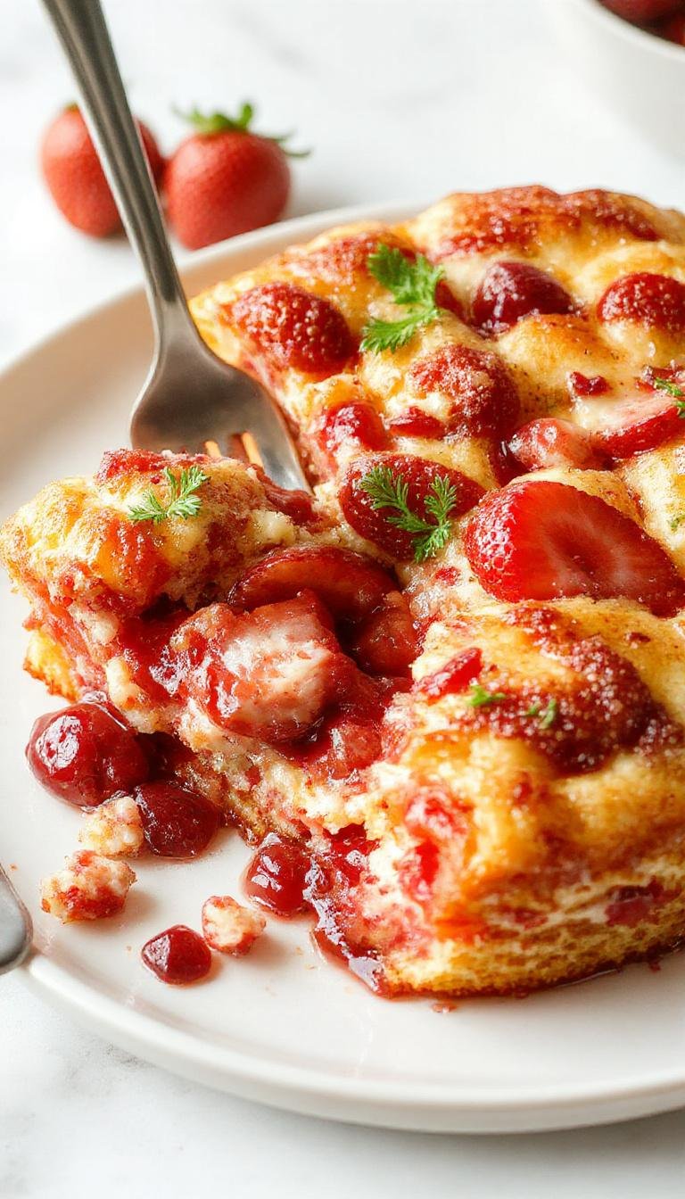 A vibrant dessert featuring a layered strawberry cheesecake dump cake with a golden-brown breadcrumb topping, fresh strawberries, and a creamy filling displayed in a clear glass baking dish. The cake appears moist and inviting, with a colorful mix of red strawberries and white cheesecake layers contrasting beautifully against the golden topping.
