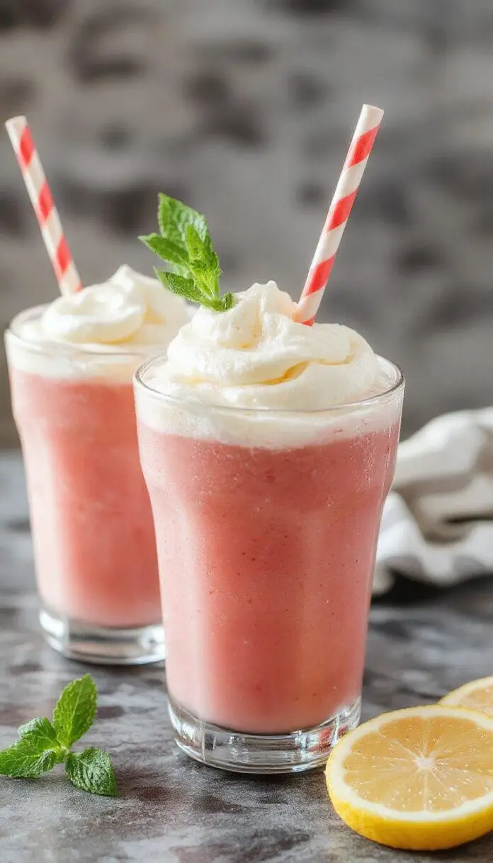 A tall, clear glass filled with vibrant pink whipped lemonade, topped with a dollop of whipped cream and a lemon slice garnish. The drink has a frothy, smooth texture with visible bubbles, and colorful straws add a playful touch. The background features a bright, summery setting with sunlight highlighting the drink's glossy surface.