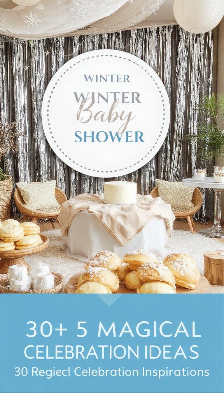 A festive winter baby shower table decorated with snowy white and silver accents, featuring a centerpiece of baby-themed plush toys and twinkling fairy lights, surrounded by elegant plates, tea cups, and seasonal greenery, all set against a cozy, warmly lit backdrop with snowflake decorations.