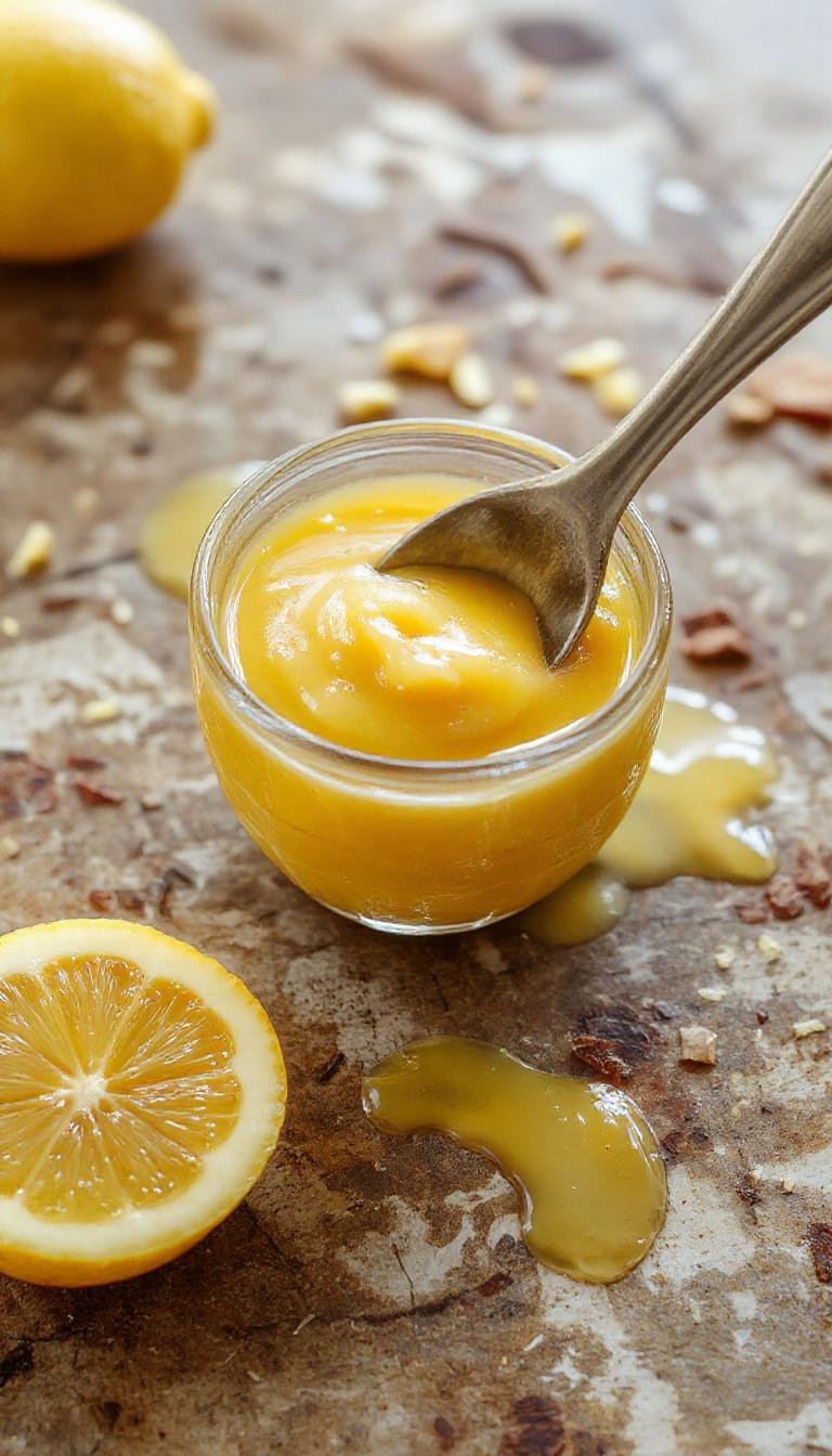 A jar of vibrant yellow lemon curd accompanied by a spoonful showing its smooth, glossy texture. The jar sits on a rustic wooden surface with fresh lemon slices and zest scattered around, emphasizing the bright and zesty appearance of the spread.
