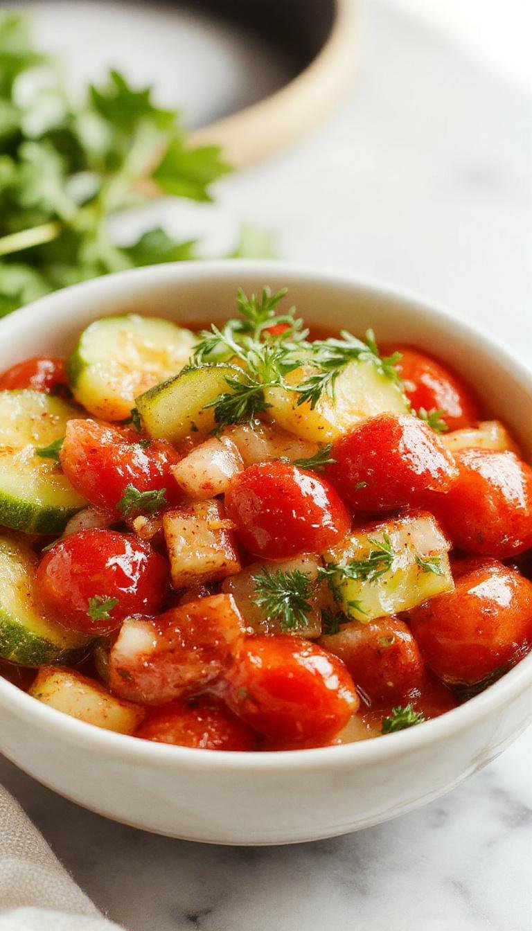 A glass jar filled with vibrant red cherry tomatoes, thinly sliced onions, and crisp cucumber slices immersed in a tangy brine. The vegetables are colorful and fresh, with condensation on the jar giving a fresh, chilled look. The contents are neatly layered, showcasing the bright reds, translucent whites, and green hues against a rustic backdrop.