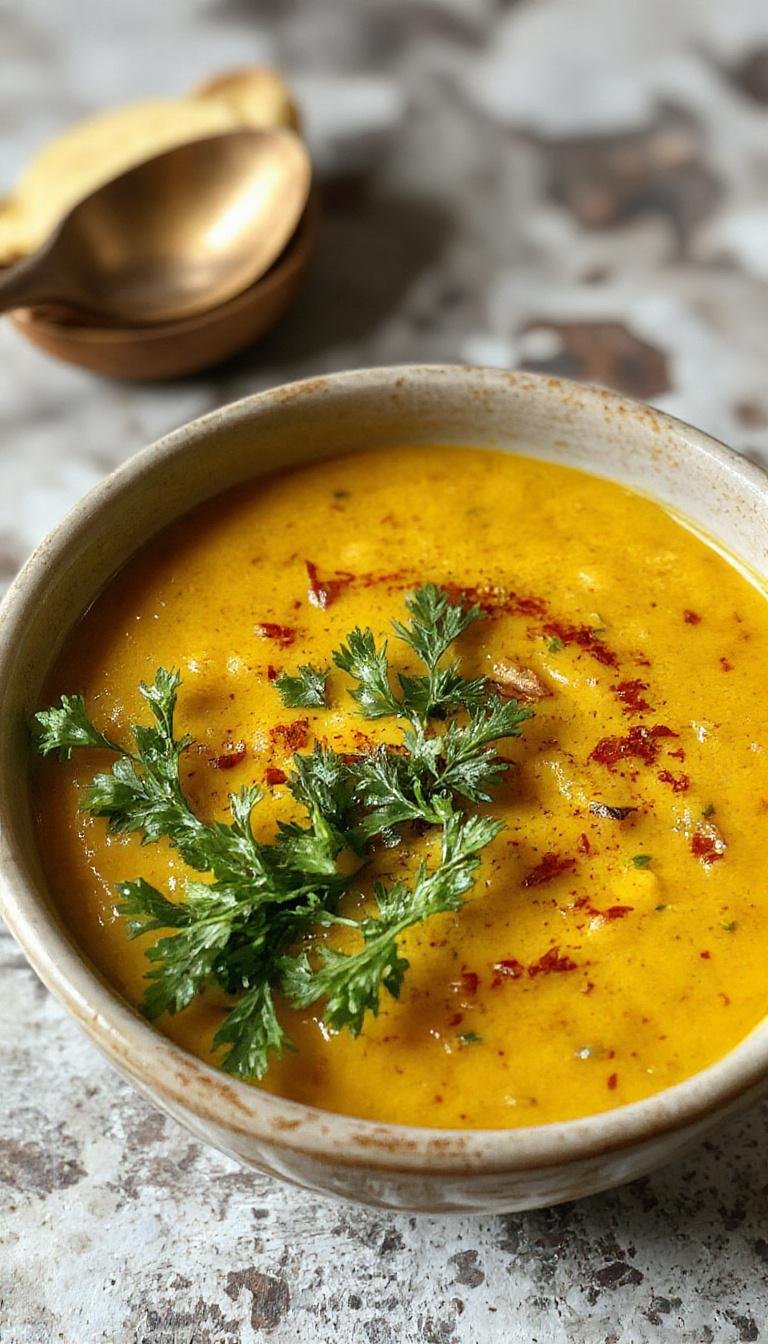 A vibrant bowl of turmeric lentil soup garnished with fresh herbs and a wedge of lemon, with a smooth, golden-orange broth textured with tender lentils. The bowl is elegant and white, contrasting beautifully with the warm colors of the soup, surrounded by rustic wooden table elements and scattered spices.