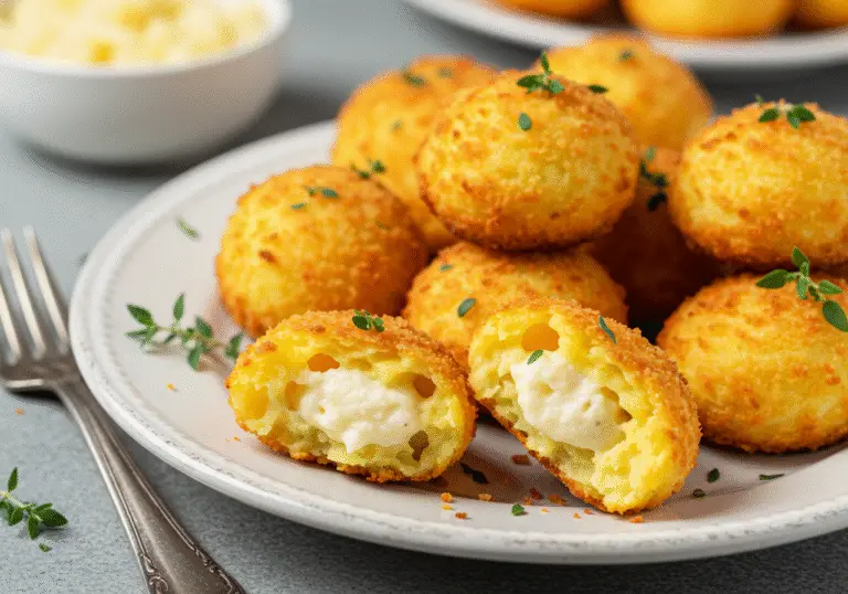 Golden-brown crispy cheesy mashed potato puffs arranged on a rustic white plate, garnished with fresh herbs, showcasing their crunchy exterior and soft, cheesy interior.