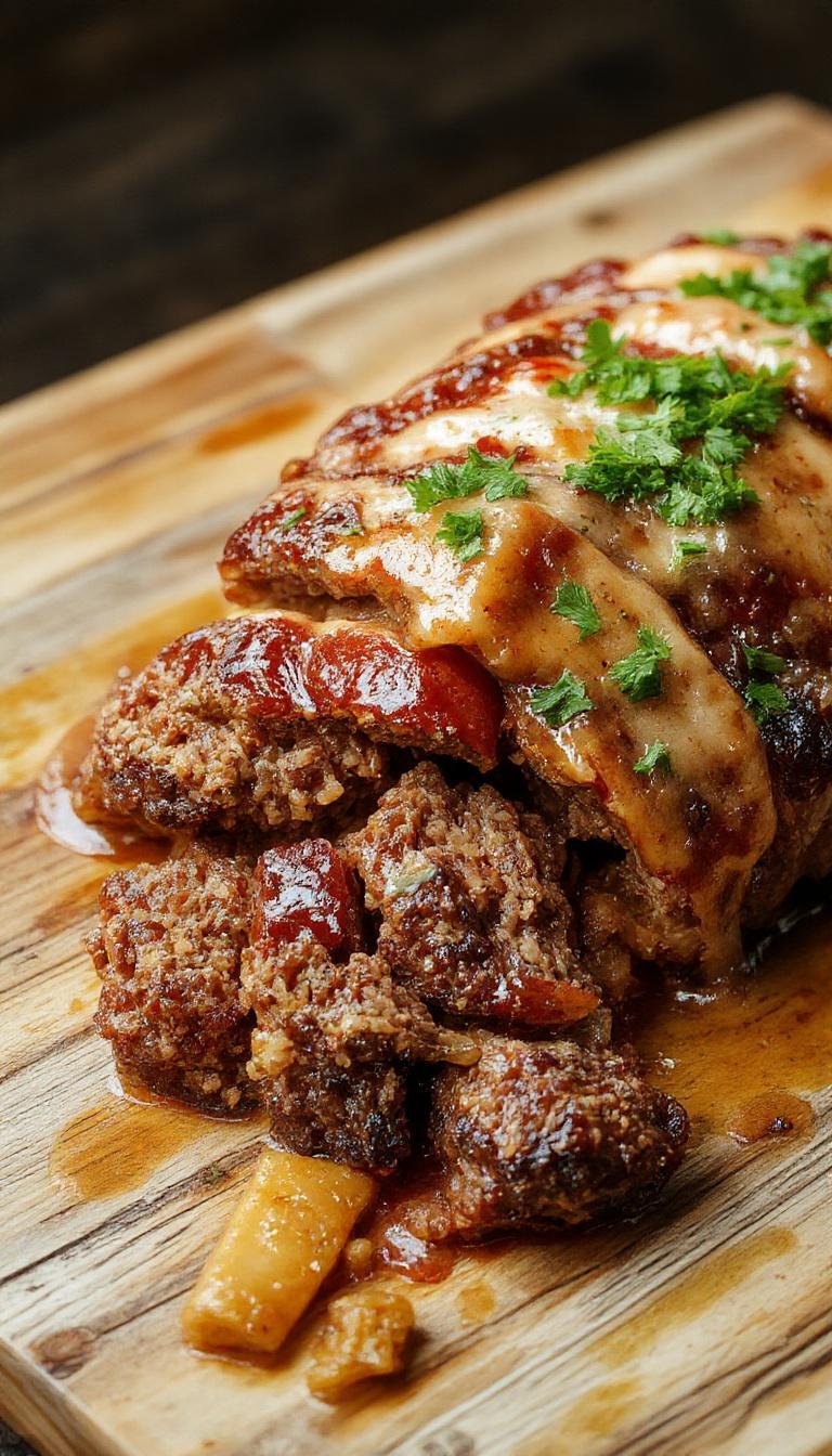 A golden-brown meatloaf glazed with ketchup lies sliced on a rustic wooden cutting board, garnished with fresh parsley. The slices reveal a moist, tender interior packed with seasoned ground beef and breadcrumbs, with caramelized edges and a slightly crispy crust. Surrounding the meatloaf are side dishes of mashed potatoes and steamed vegetables, creating a warm, inviting presentation.