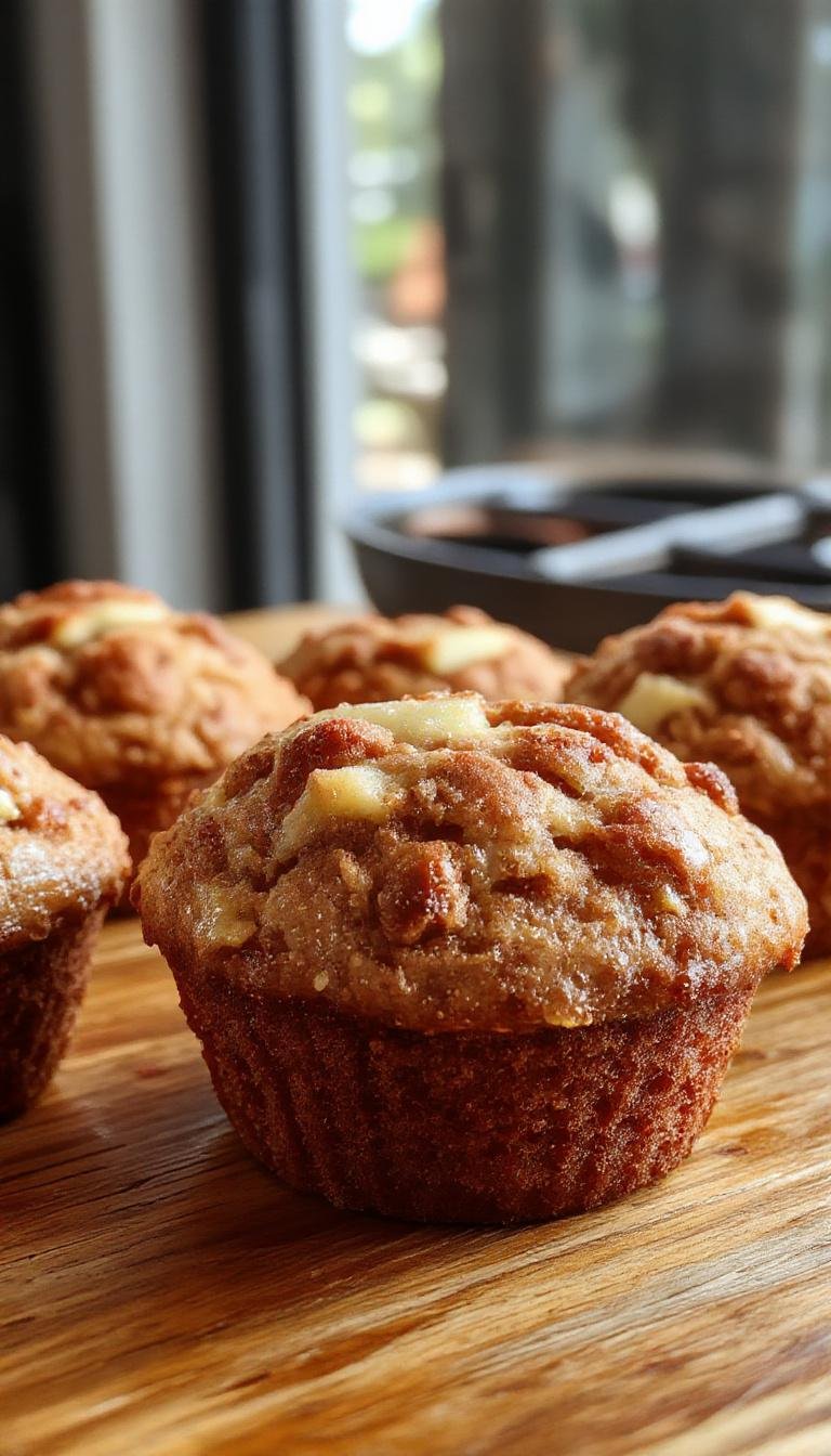A freshly baked apple cinnamon muffin topped with a sprinkle of cinnamon sugar, placed on a rustic wooden surface. The muffin showcases a golden-brown crust with visible chunks of apple and swirls of cinnamon within, exuding a warm and inviting aroma.