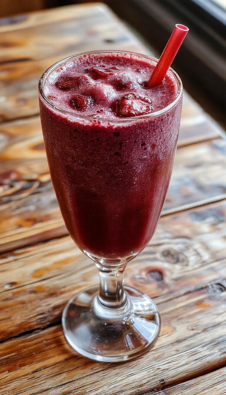 A tall glass filled with a vibrant crimson red wine milkshake topped with whipped cream and a drizzle of red wine, garnished with a spooky gummy vampire bite candy. The glass is on a dark wooden surface with Halloween-themed decorations in the background, evoking a festive and eerie atmosphere.