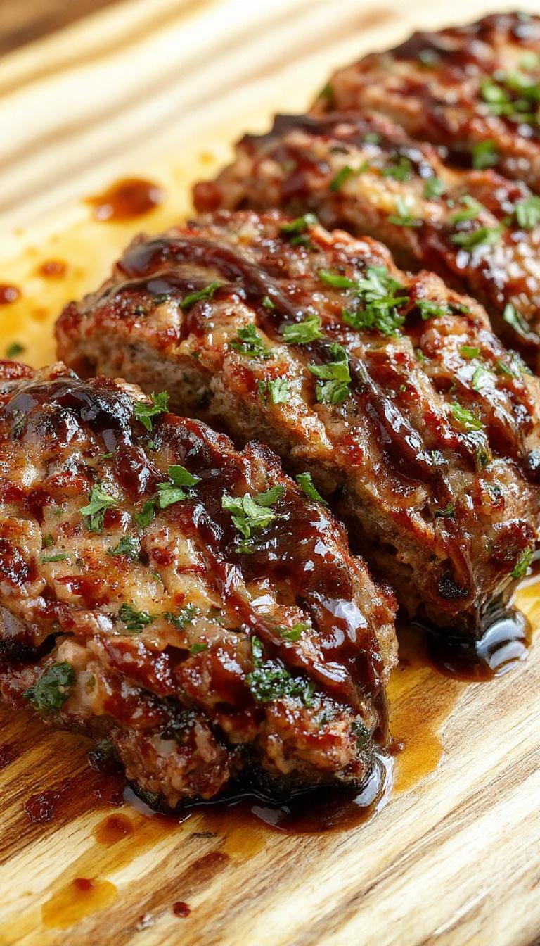 An elegantly plated vegetable meatloaf garnished with a glossy balsamic glaze drizzled on top. The meatloaf has a golden-brown crust with visible chunks of vegetables, served on a rustic white plate with fresh herbs beside it. The background features a wooden table with a side of roasted vegetables and a small bowl of extra balsamic glaze.