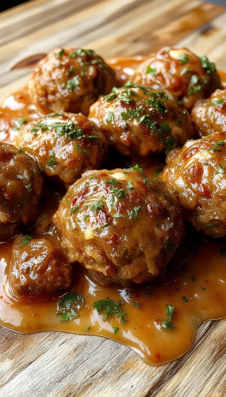 A close-up of a rustic white plate filled with golden-brown Italian meatballs garnished with fresh basil leaves. The meatballs are arranged neatly, showcasing their crispy exterior and juicy interior, with a rich tomato sauce draped over some of them. The background features a wooden table with a bowl of marinara sauce and a sprig of basil for added color and texture.