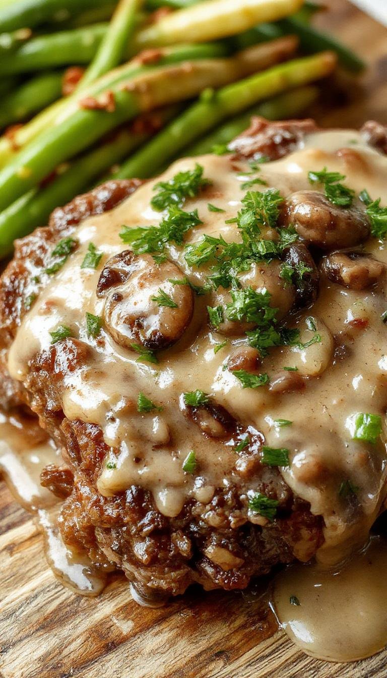 A rustic plate featuring golden-brown Salisbury steaks topped with rich, glossy mushroom gravy. Garnished with fresh herbs and served alongside buttery mashed potatoes and sautéed vegetables. The steaks have a crispy exterior with tender, juicy interiors, with mushroom slices and gravy creating a comforting, inviting appearance.
